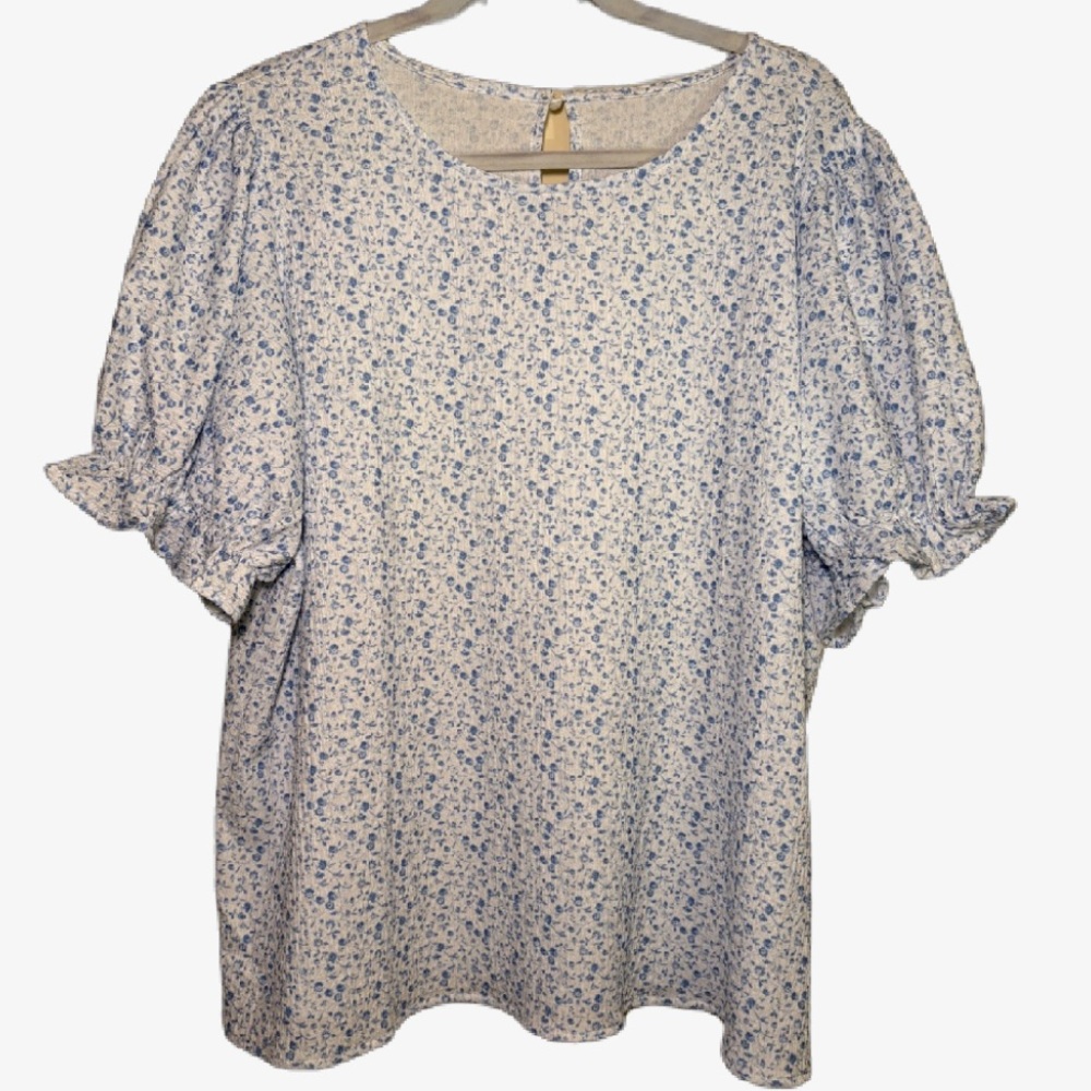 Blue and White Floral Ruffled Puff Sleeve Blouse